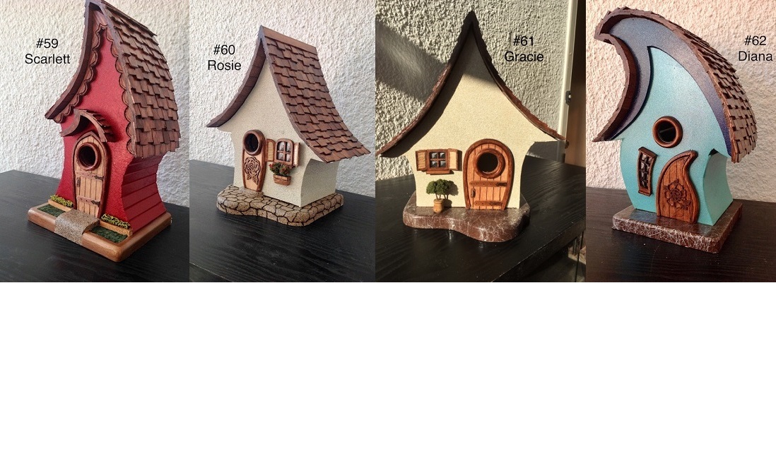 Premium, one-of-a-kind birdhouses featuring creative embellishments such as individually placed shaker-style shingles and hand-carved wooden flowers and doors.